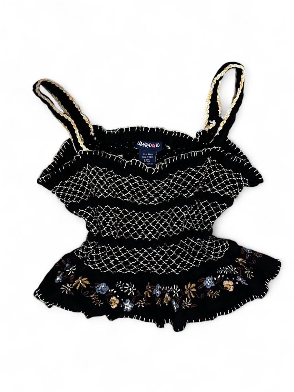 Junior’s Girl’s Y2K Limited Too Black Knit Crochet Embroidered Ruffle Crop Top L